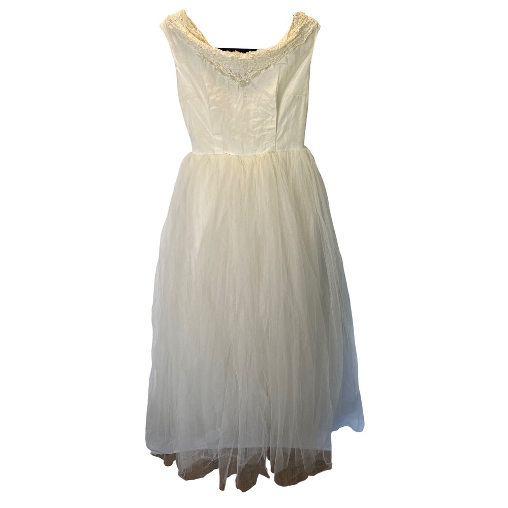 Vintage 1950s Handmade Wedding Dress Womens XS Ivory Tulle Lace Portrait Gown